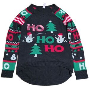 No Boundaries Light Up Christmas Knit Sweater Size‎ L 11-13 Black Snowman Tree
